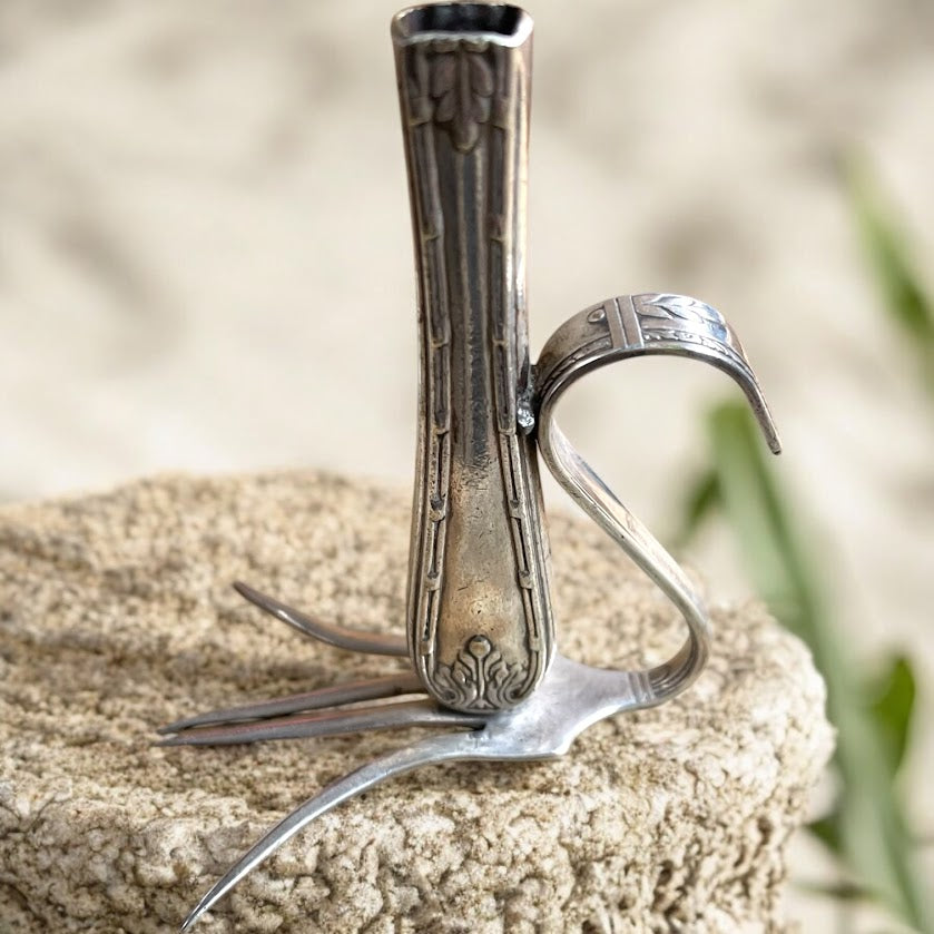 Beautiful upcycled silver plated Victorian era steampunk style bud vase handmade from vintage cutlery