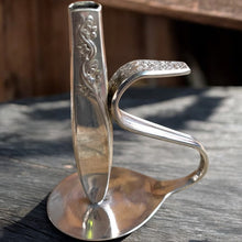 Load image into Gallery viewer, Beautiful upcycled silver plated Victorian era steampunk style bud vase handmade from vintage cutlery
