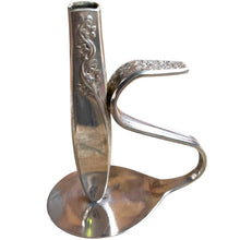 Load image into Gallery viewer, Beautiful upcycled silver plated Victorian era steampunk style bud vase handmade from vintage cutlery
