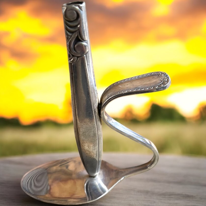 Beautiful upcycled silver plated Victorian era steampunk style bud vase handmade from vintage cutlery