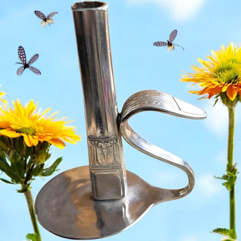 Beautiful upcycled silver plated Victorian era steampunk style bud vase handmade from vintage cutlery