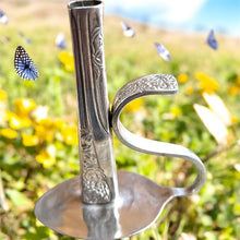 Load image into Gallery viewer, Beautiful upcycled silver plated Victorian era steampunk style bud vase handmade from vintage cutlery
