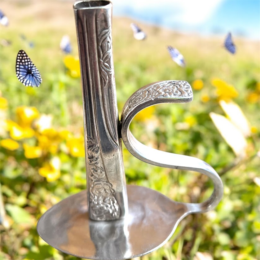 Beautiful upcycled silver plated Victorian era steampunk style bud vase handmade from vintage cutlery