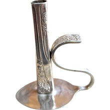 Load image into Gallery viewer, Beautiful upcycled silver plated Victorian era steampunk style bud vase handmade from vintage cutlery
