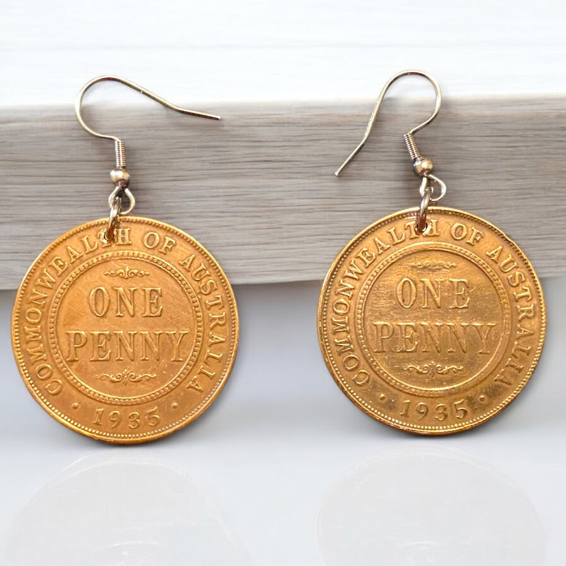 Upcycled & repurposed 1935 Australian penny coin earrings