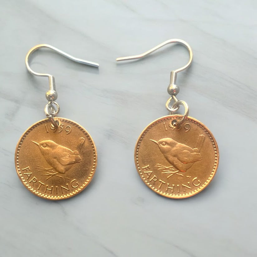 Upcycled repurposed 1939 British bronze farthing coin earrings with wren bird design