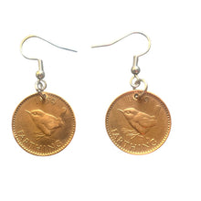 Load image into Gallery viewer, Upcycled repurposed 1939 British bronze farthing coin earrings with wren bird design
