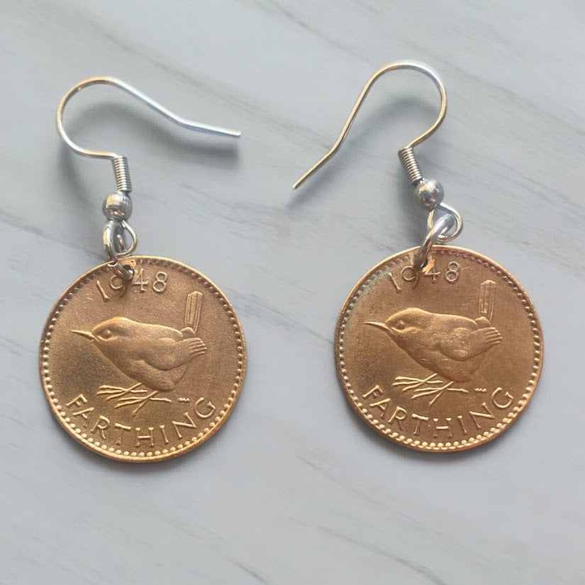 Upcycled & repurposed 1948 British bronze farthing coin earrings with wren bird design