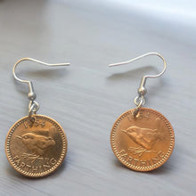 Load image into Gallery viewer, Upcycled &amp; repurposed 1954 British bronze farthing coin earrings with wren bird design
