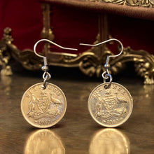 Load image into Gallery viewer, Upcycled &amp; repurposed 1963 Australian silver sixpence coin earrings
