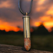 Load image into Gallery viewer, Upcycled &amp; repurposed bullet pendent with semi precious stone and silver tone case
