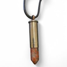 Load image into Gallery viewer, Upcycled &amp; repurposed bullet pendent with semi precious stone and silver tone case
