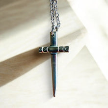 Load image into Gallery viewer, Upcycled repurposed silver plated spoon and fork cross pendant necklace
