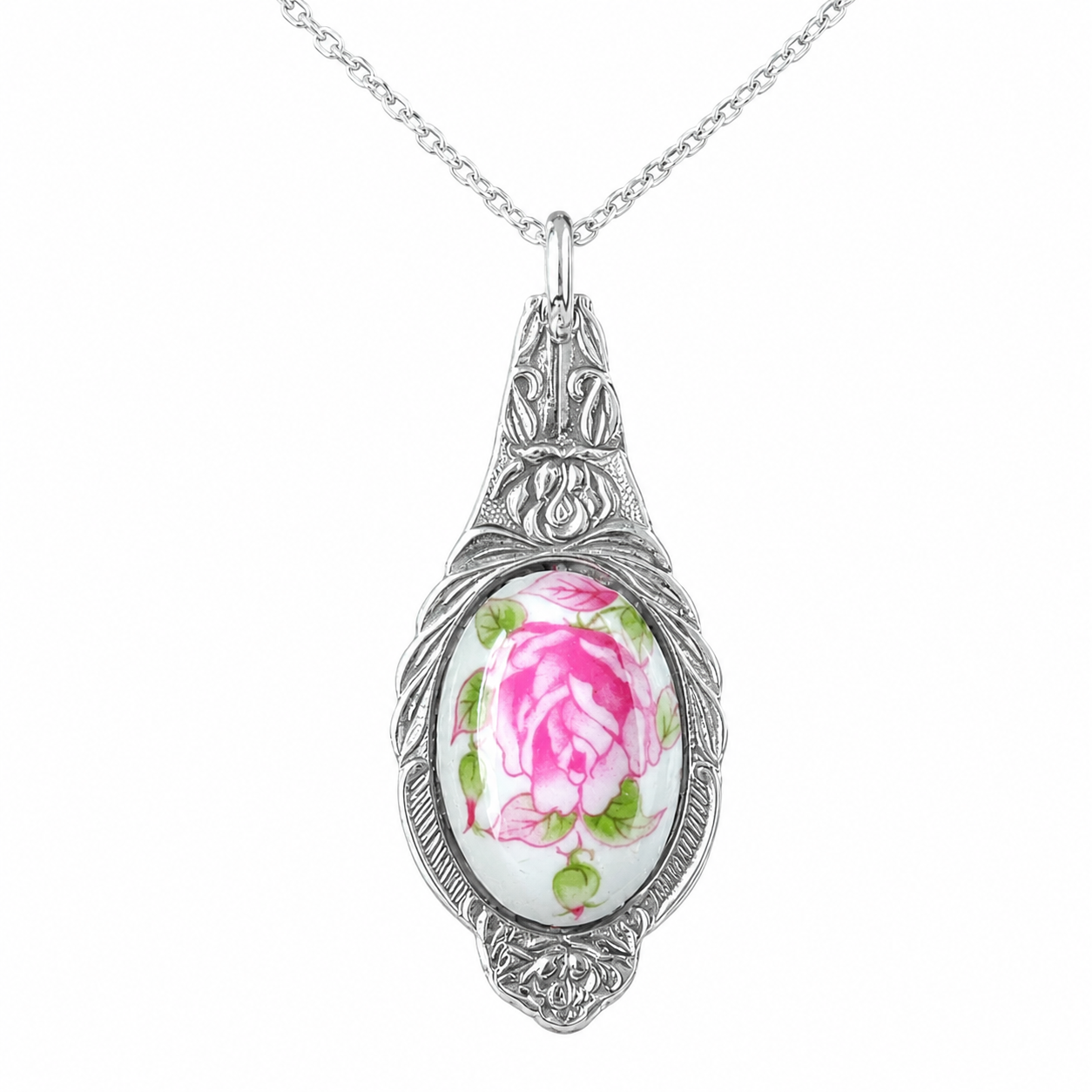 Vintage Rose China Pendant Necklace | Reclaimed Silver-Plated Spoon