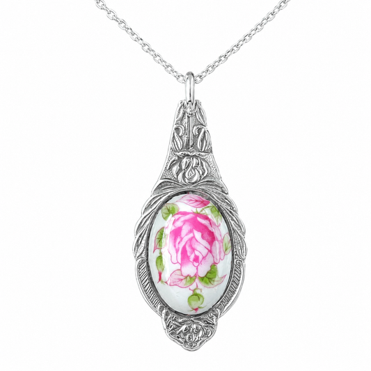 Vintage Rose China Pendant Necklace | Reclaimed Silver-Plated Spoon