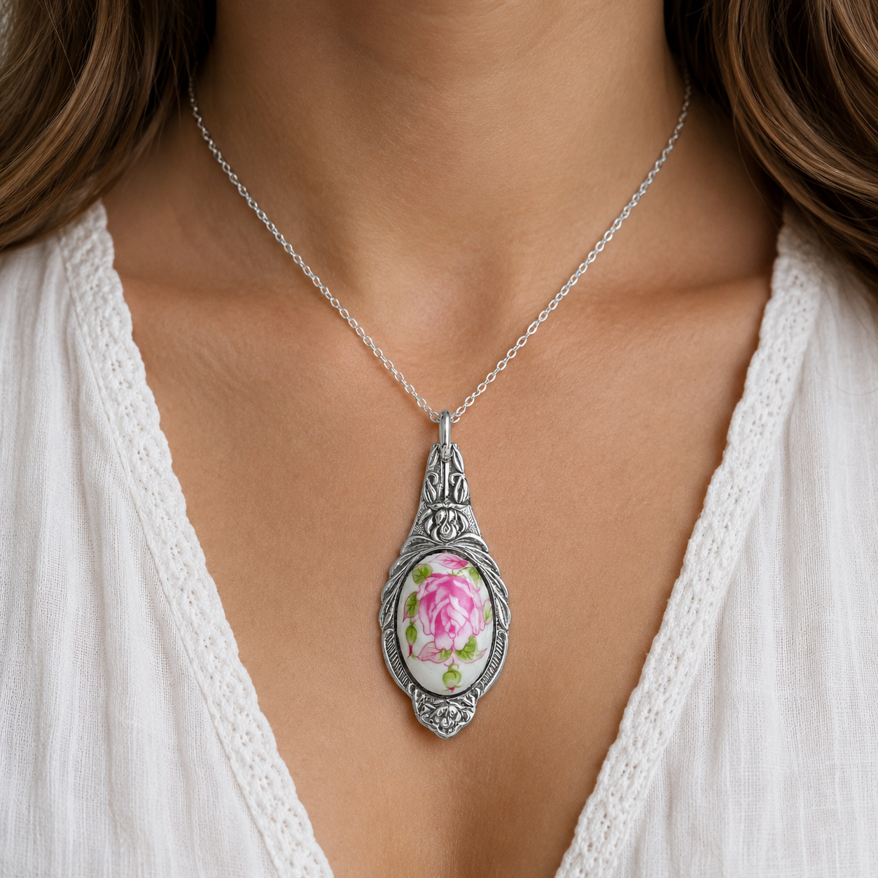 Vintage Rose China Pendant Necklace | Reclaimed Silver-Plated Spoon