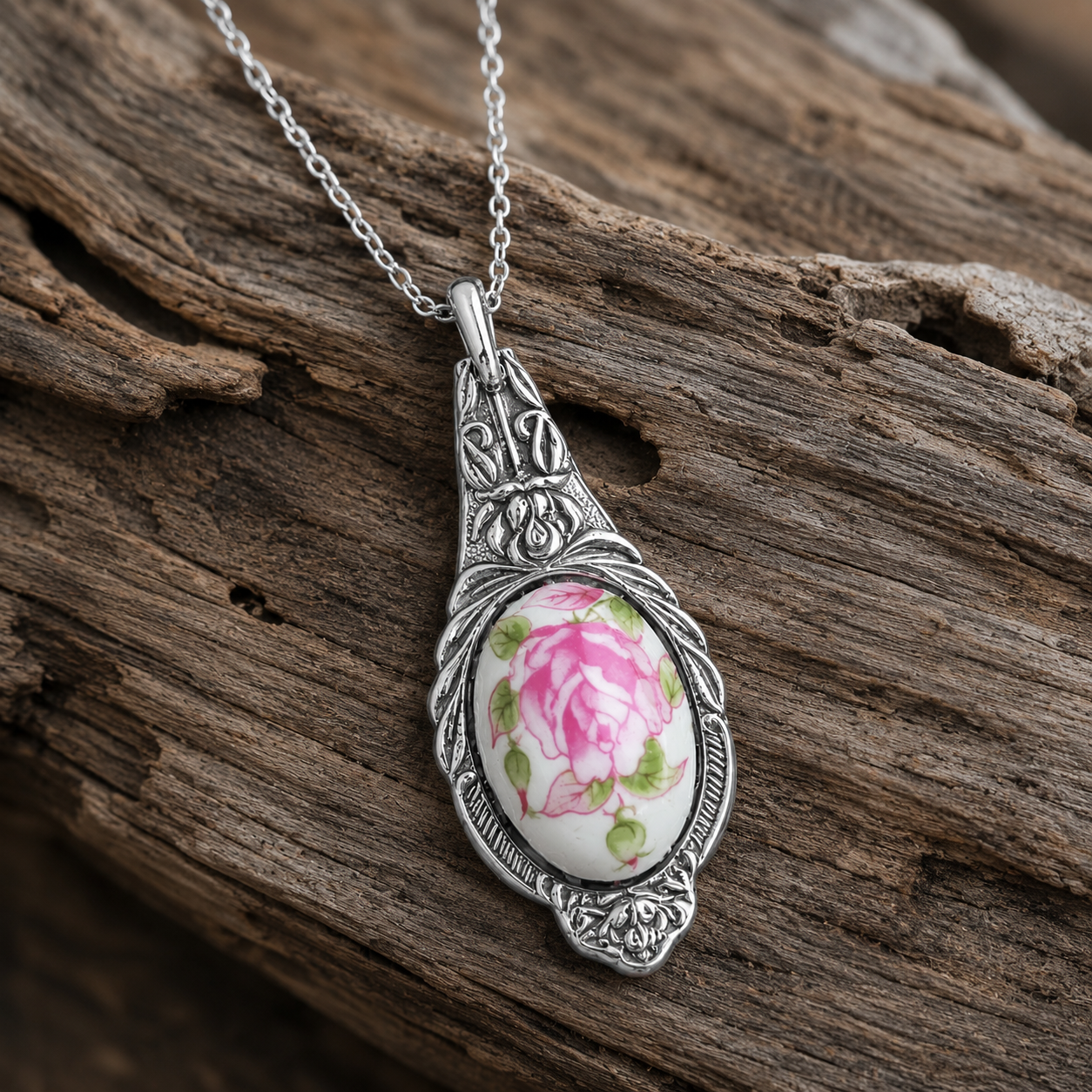 Vintage Rose China Pendant Necklace | Reclaimed Silver-Plated Spoon
