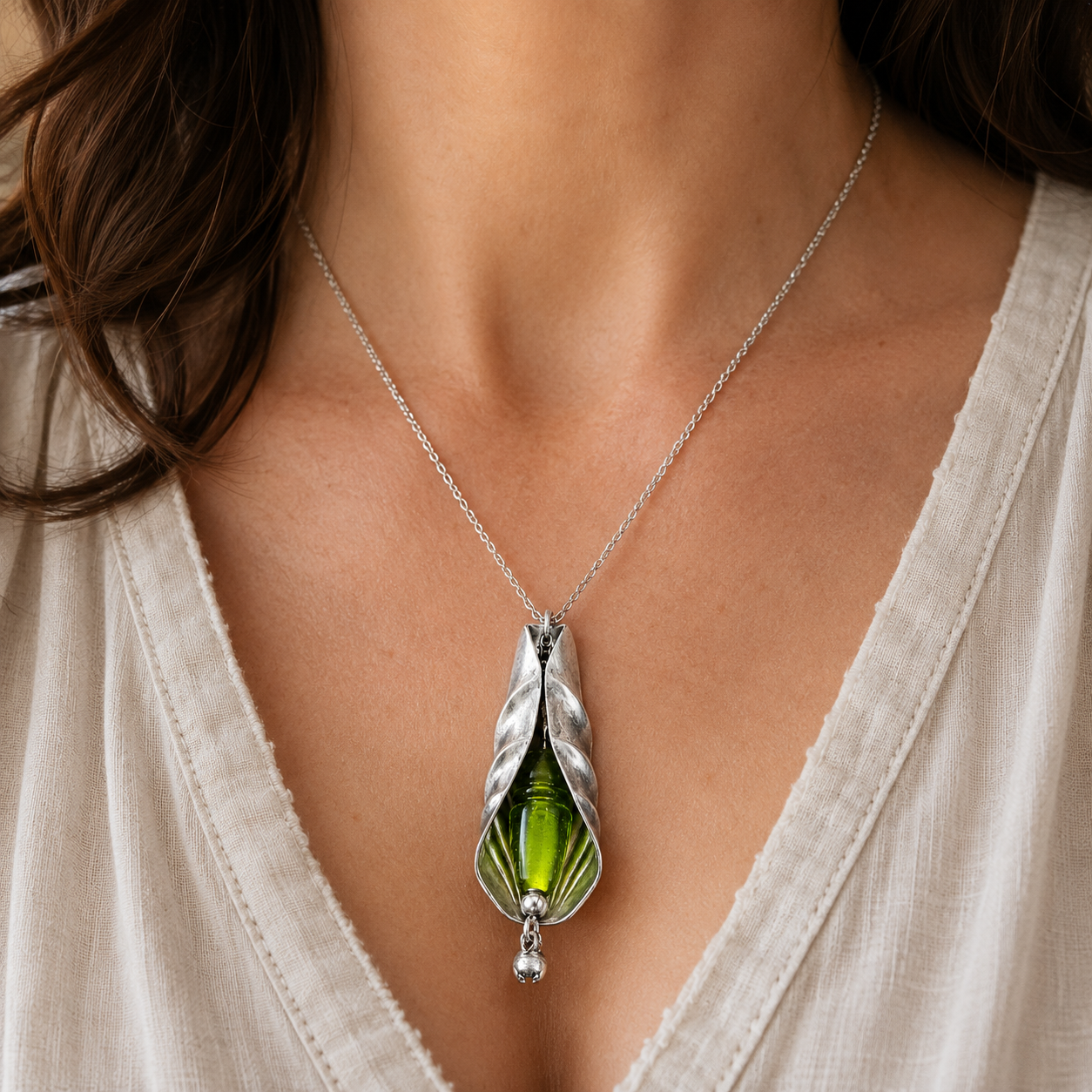Art Nouveau Bud Pendant Necklace | Handcrafted Reclaimed Silver-Plated Spoon