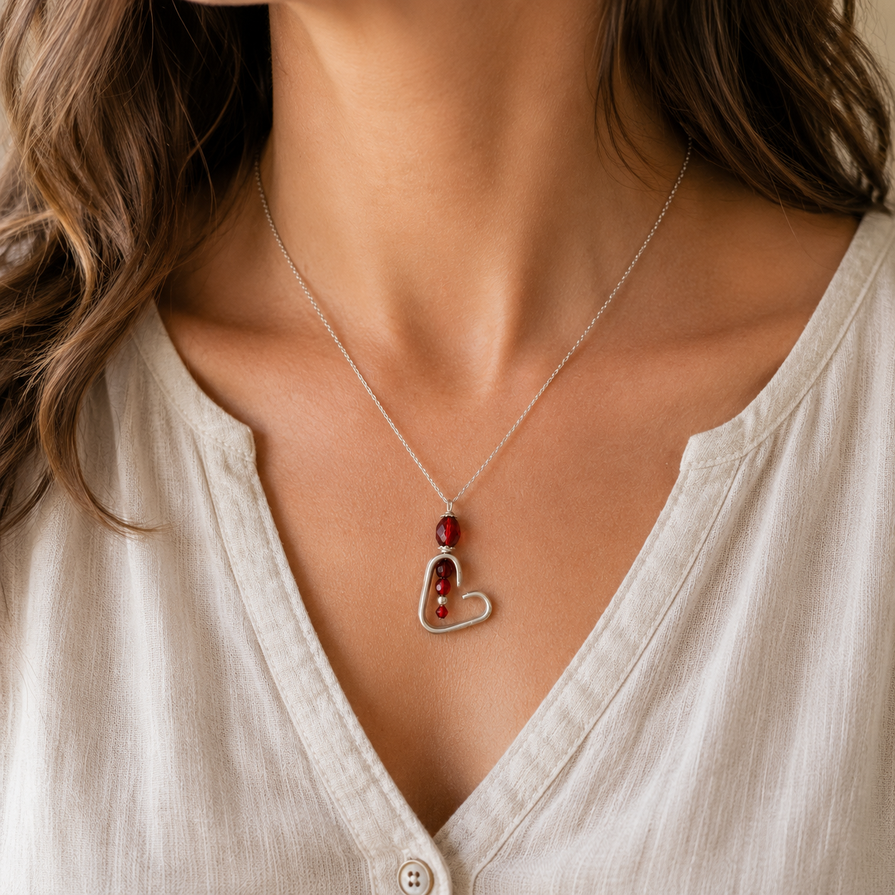 Handcrafted Ruby Heart Pendant Necklace | Reclaimed Silver-Plated Cutlery & Red Glass