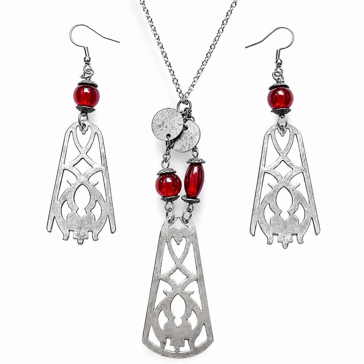 Art Nouveau Necklace & Earring Set | Silver Plate & Red Glass Beads