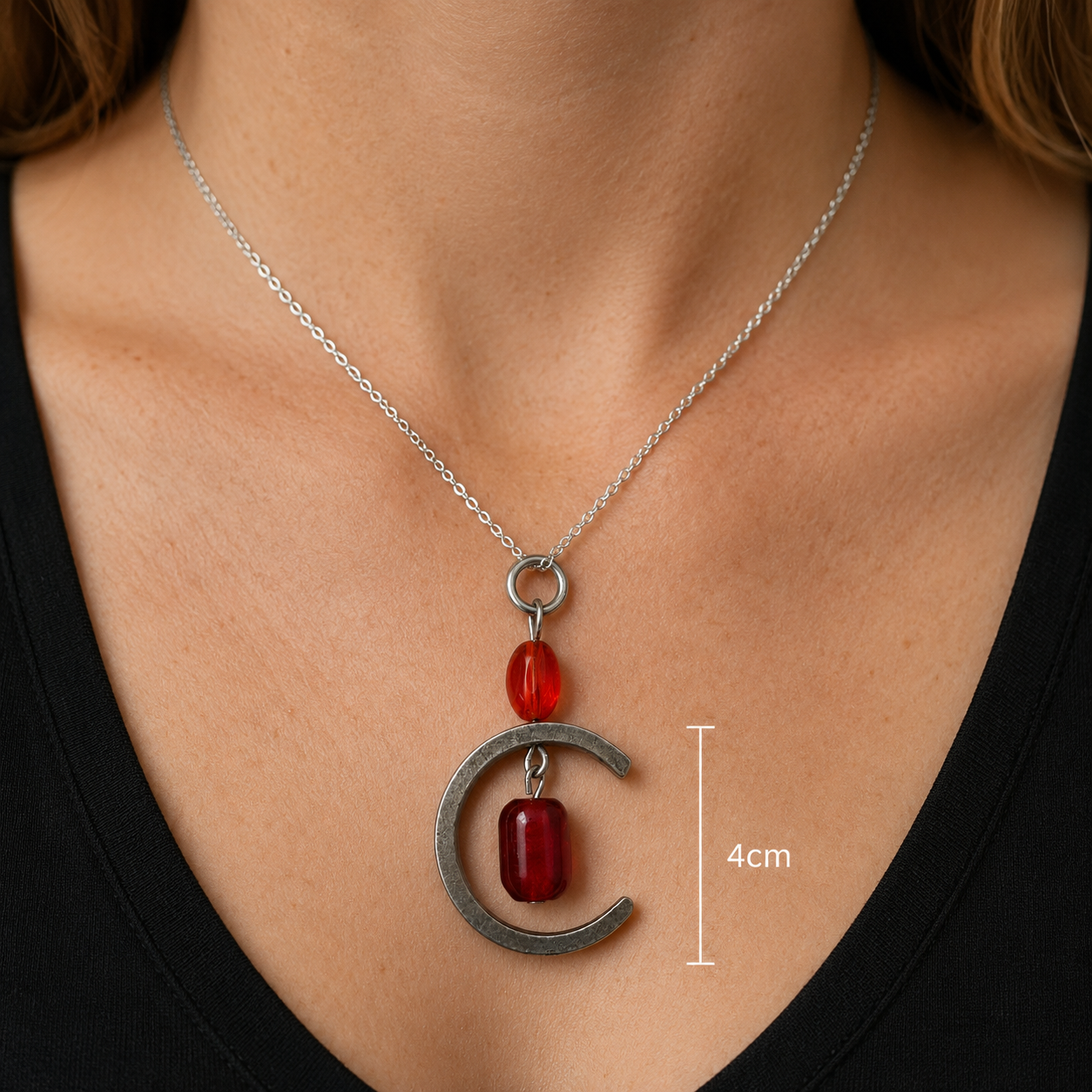 Crescent Moon Pendant Necklace | Reclaimed Silver Plated Cutlery & Red Glass Beads