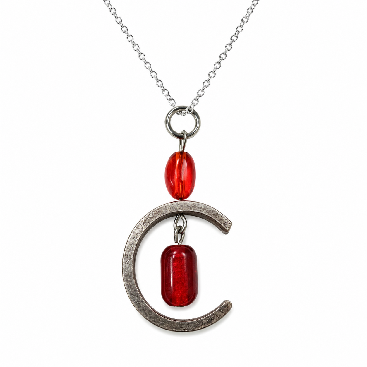 Crescent Moon Pendant Necklace | Reclaimed Silver Plated Cutlery & Red Glass Beads