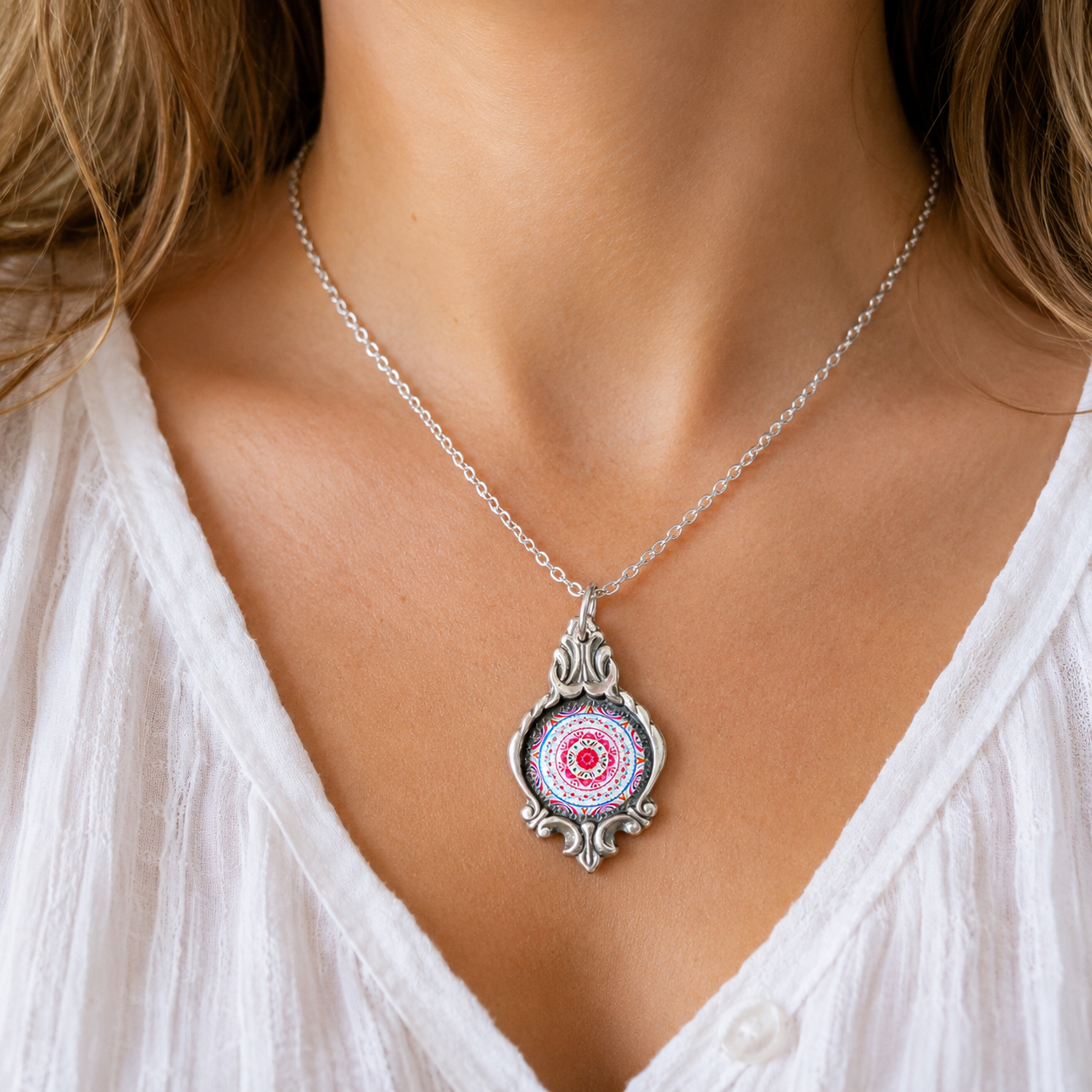 Mandala Pendant Necklace | Handcrafted Reclaimed Silver-Plated Spoon Jewellery