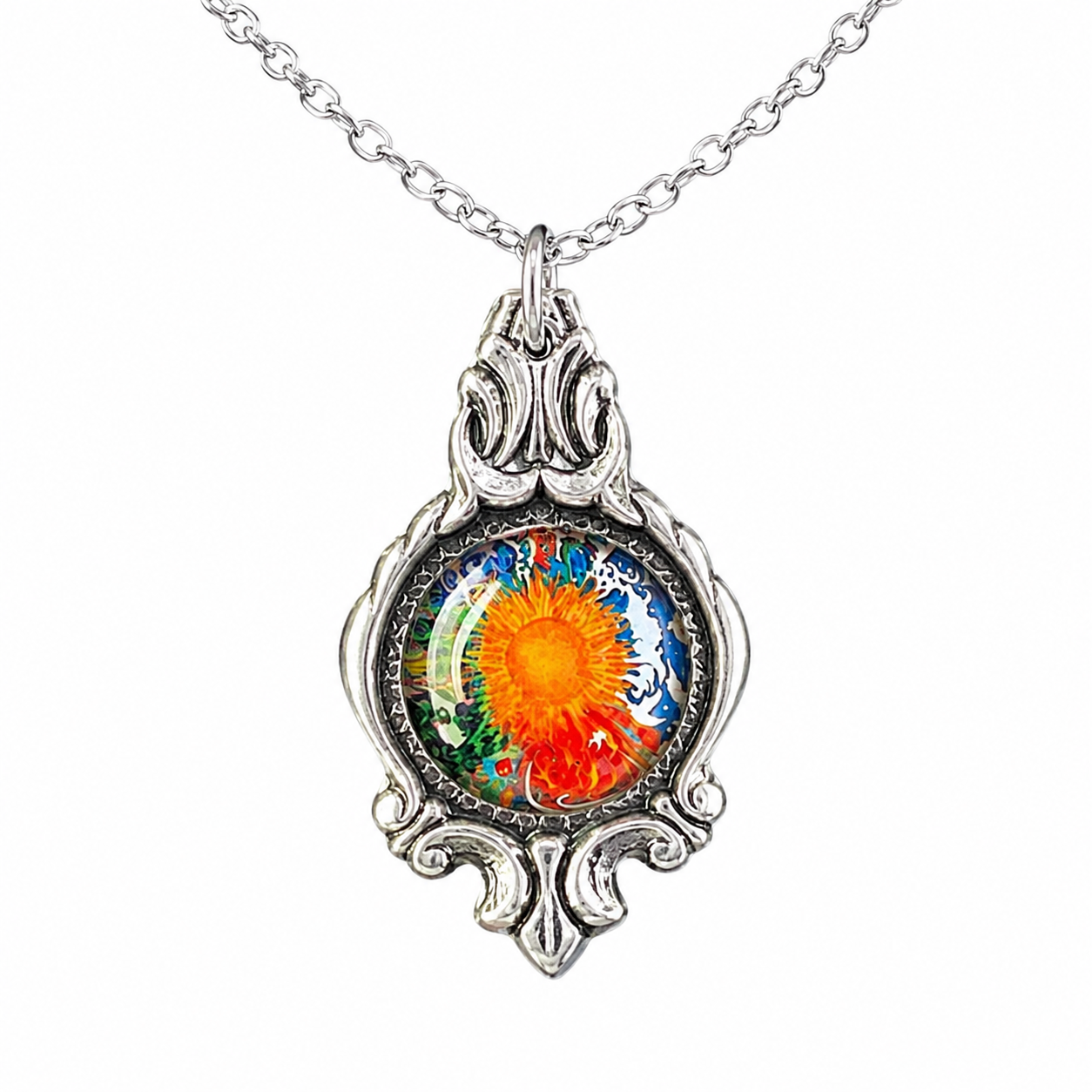 Sunburst Mandala Pendant Necklace | Handcrafted Reclaimed Silver-Plated Spoon Jewellery