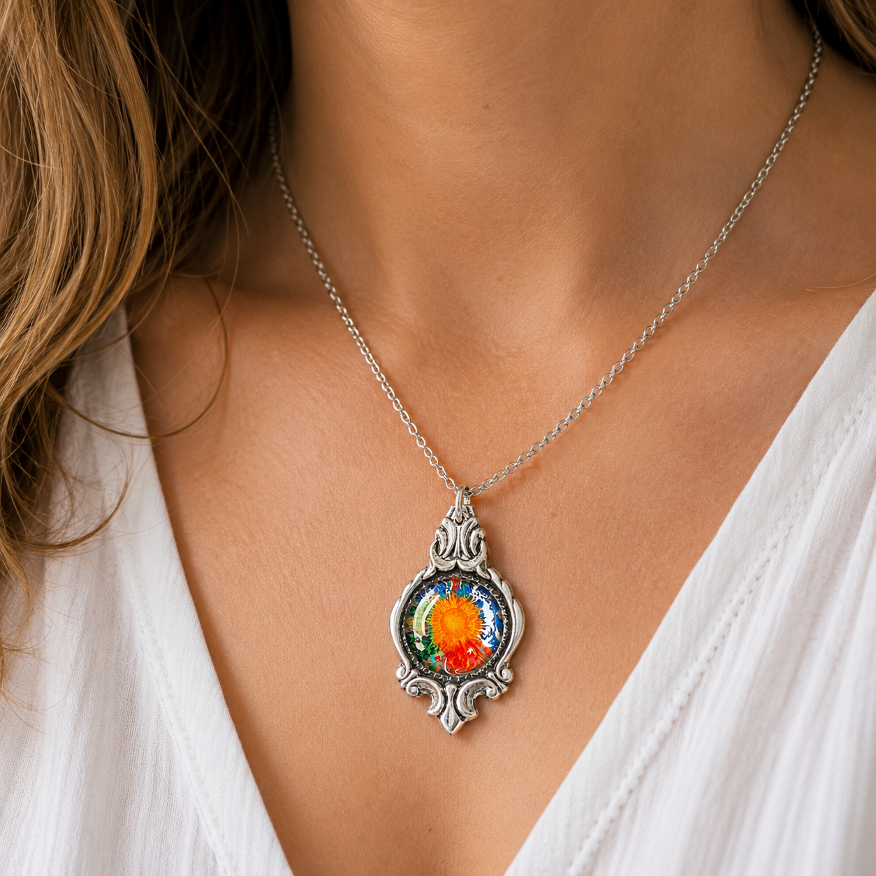 Sunburst Mandala Pendant Necklace | Handcrafted Reclaimed Silver-Plated Spoon Jewellery