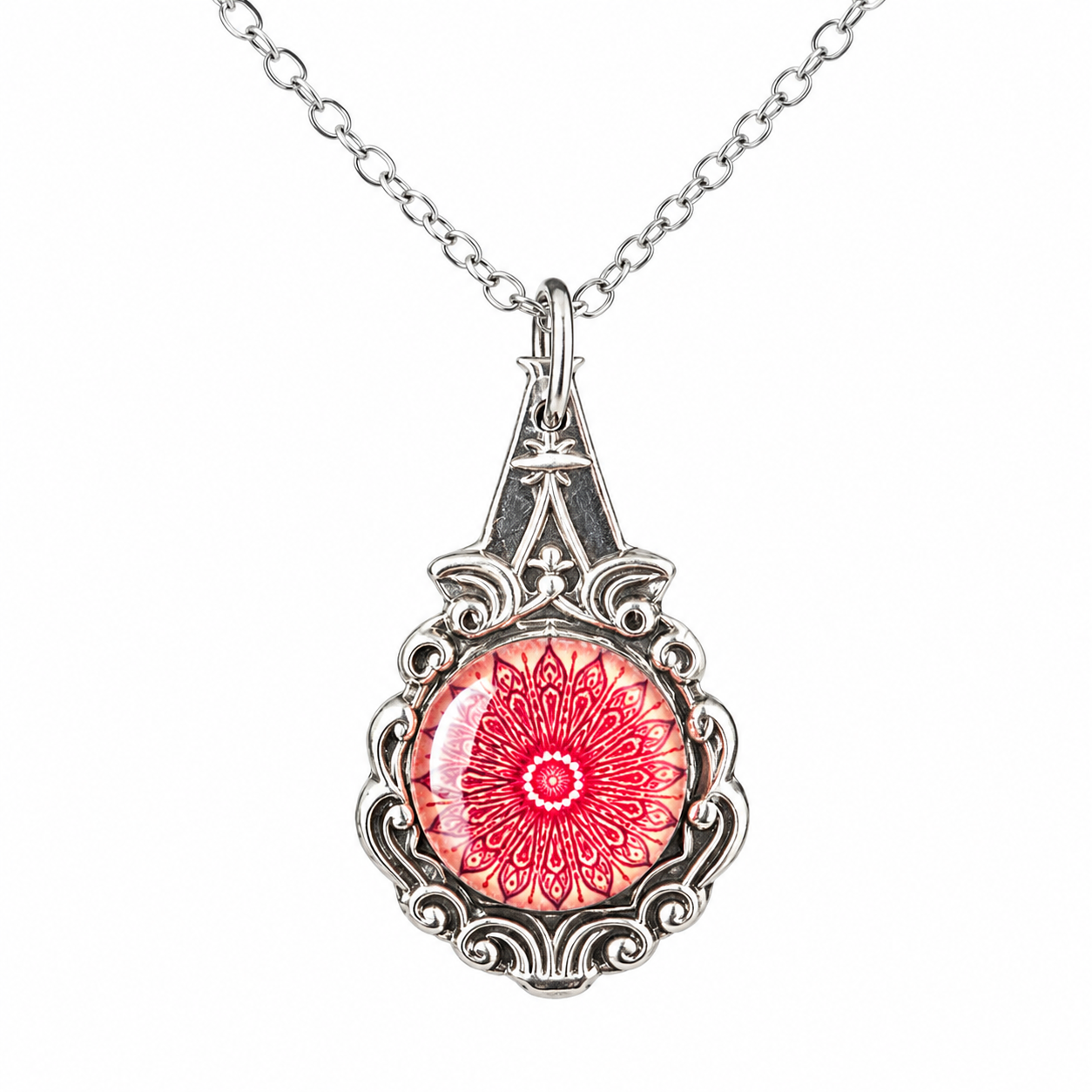 Pink Mandala Pendant Necklace | Handcrafted Reclaimed Silver-Plated Spoon Jewellery