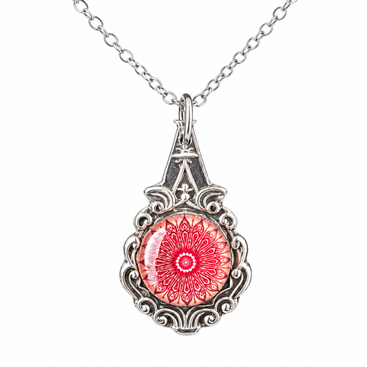 Pink Mandala Pendant Necklace | Handcrafted Reclaimed Silver-Plated Spoon Jewellery