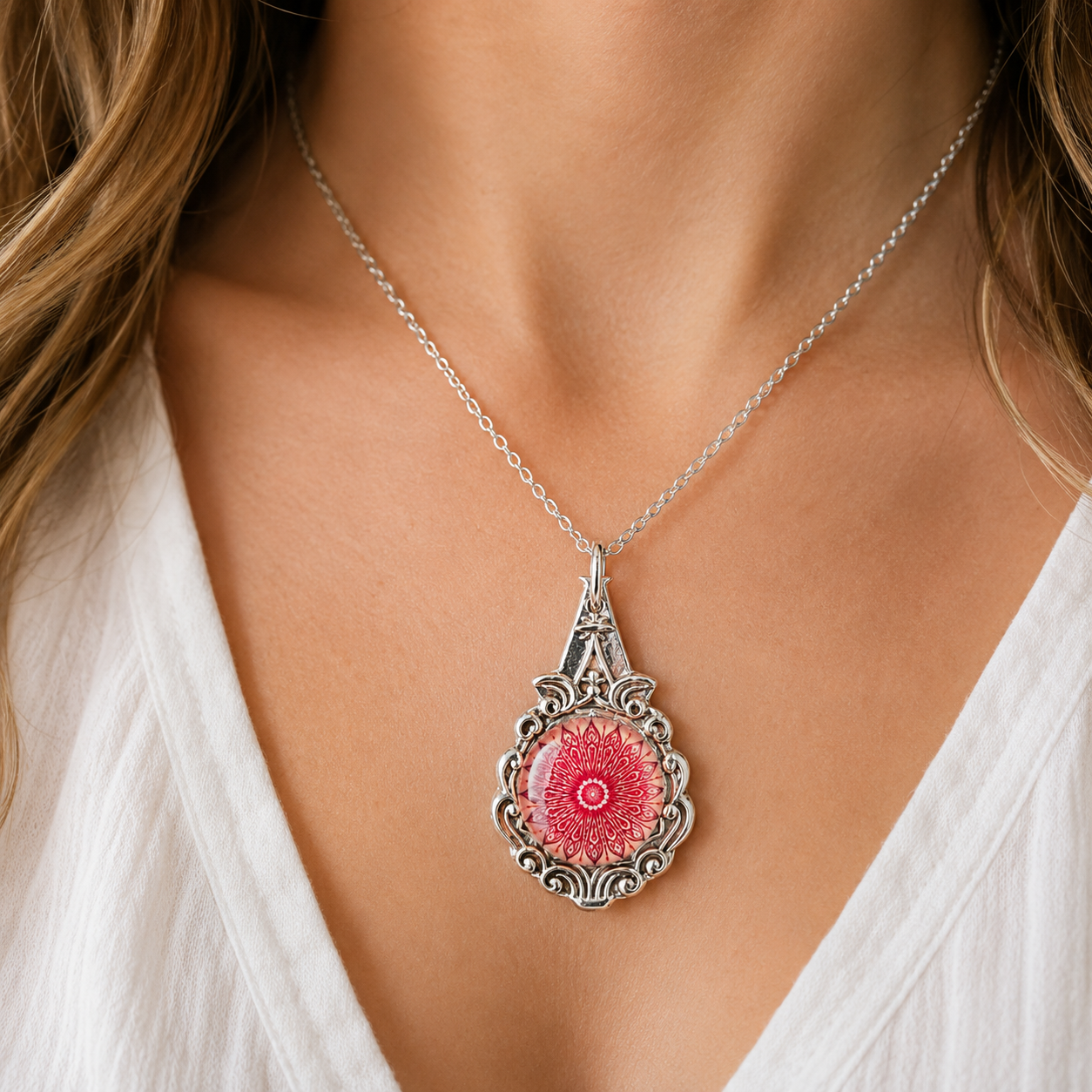 Pink Mandala Pendant Necklace | Handcrafted Reclaimed Silver-Plated Spoon Jewellery
