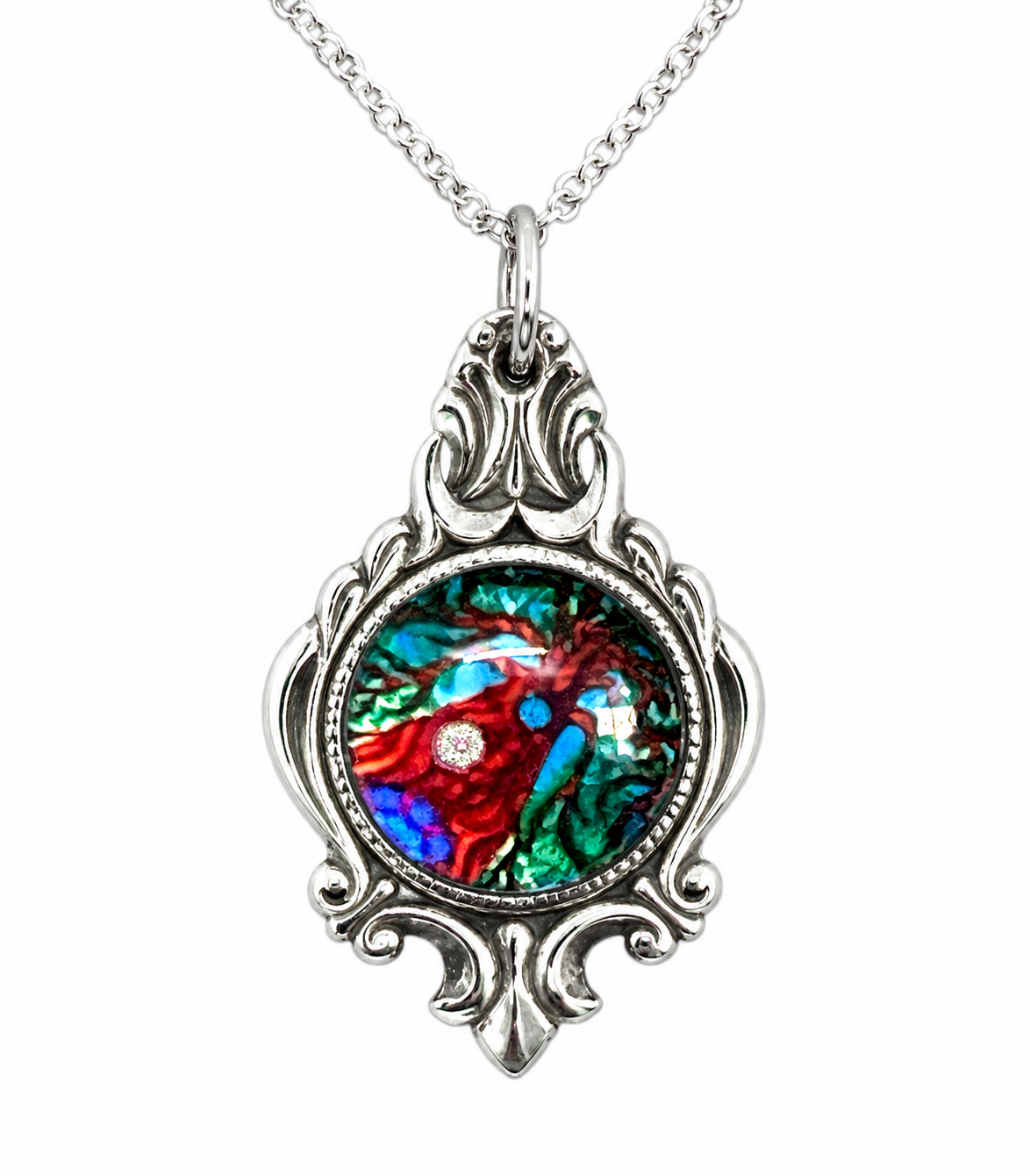 Abstract Glass Pendant Necklace | Handcrafted Reclaimed Silver-Plated Spoon Jewellery
