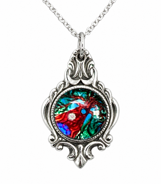 Abstract Glass Pendant Necklace | Handcrafted Reclaimed Silver-Plated Spoon Jewellery