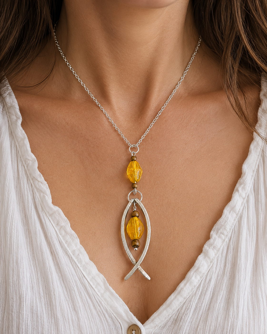 Yellow Fish Pendant Necklace | Handcrafted Reclaimed Silver-Plated Cutlery