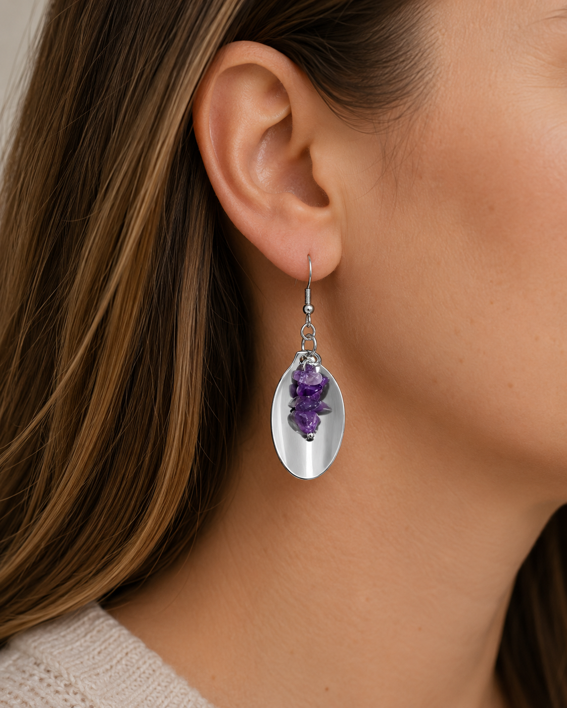 Vintage Spoon & Amethyst Chip Earrings | Handcrafted Reclaimed Jewellery