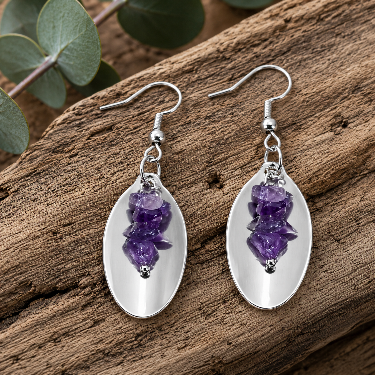Vintage Spoon & Amethyst Chip Earrings | Handcrafted Reclaimed Jewellery