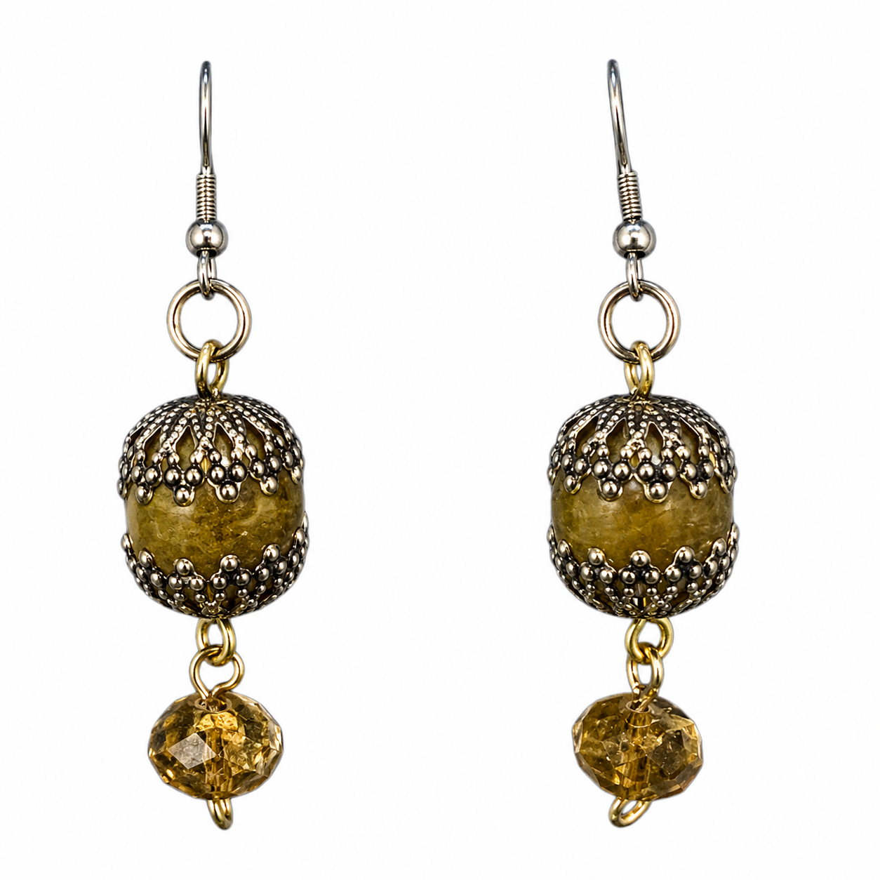 Upcycled Vintage Olive Green Bead Drop Earrings | Boho Statement Jewellery