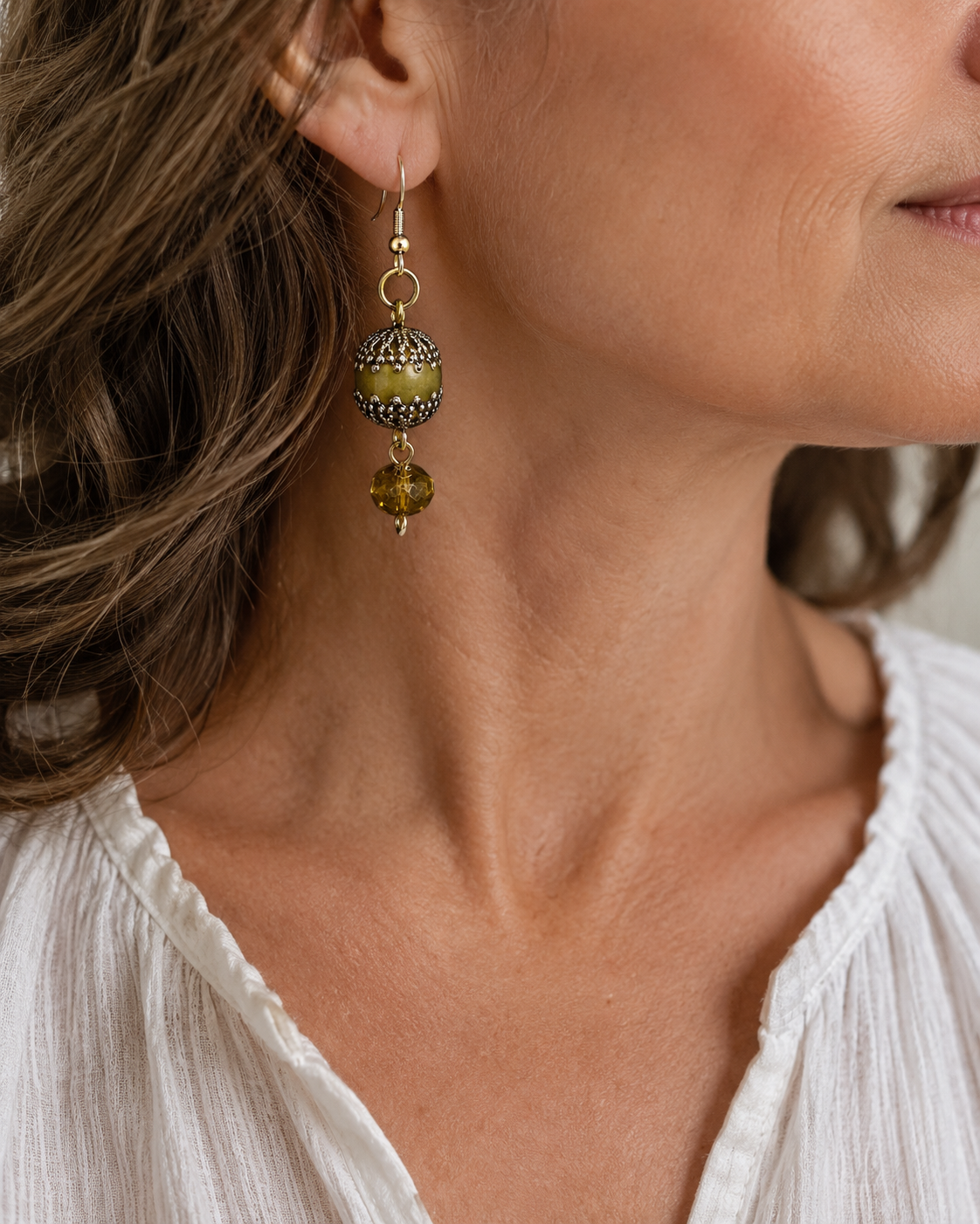 Upcycled Vintage Olive Green Bead Drop Earrings | Boho Statement Jewellery