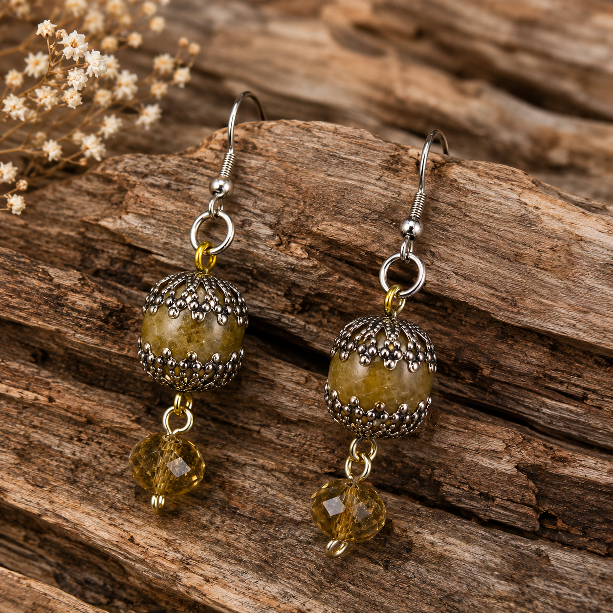 Upcycled Vintage Olive Green Bead Drop Earrings | Boho Statement Jewellery
