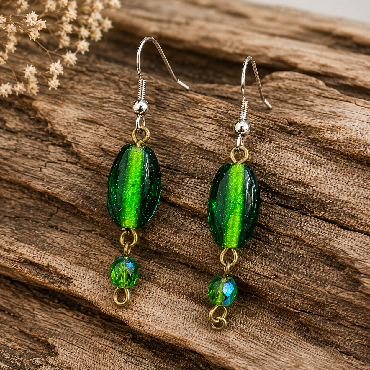 Emerald Green Glass Bead Earrings | Handcrafted Reclaimed Jewellery