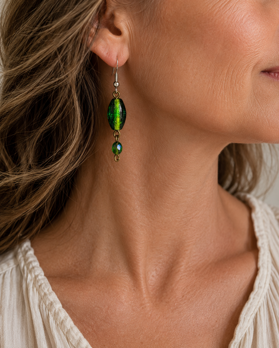 Emerald Green Glass Bead Earrings | Handcrafted Reclaimed Jewellery