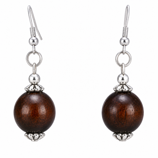 Dark Wood Bead Drop Earrings | Handcrafted Reclaimed Jewellery