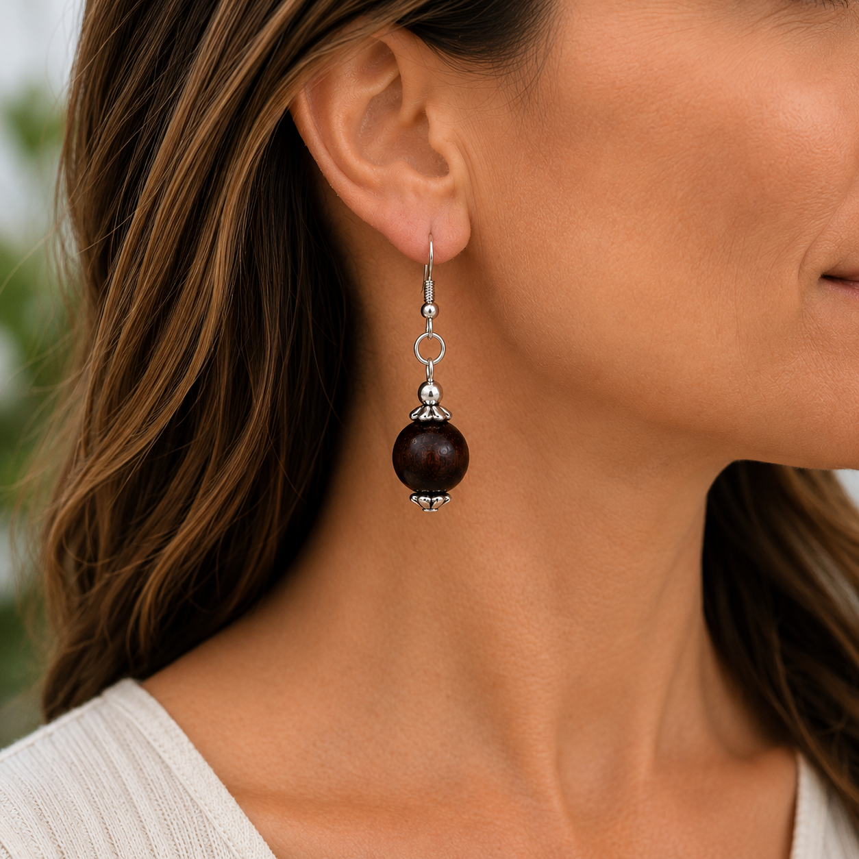 Dark Wood Bead Drop Earrings | Handcrafted Reclaimed Jewellery