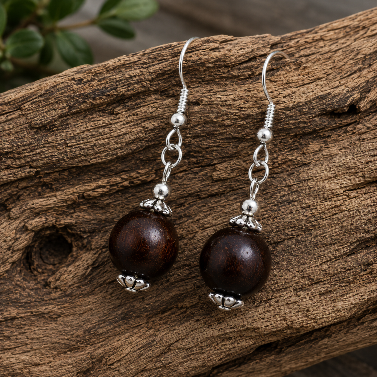 Dark Wood Bead Drop Earrings | Handcrafted Reclaimed Jewellery
