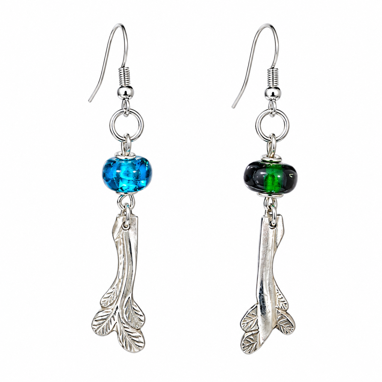 Silver Spoon End Earrings with Blue & Green Glass Beads | Handcrafted Reclaimed Jewellery