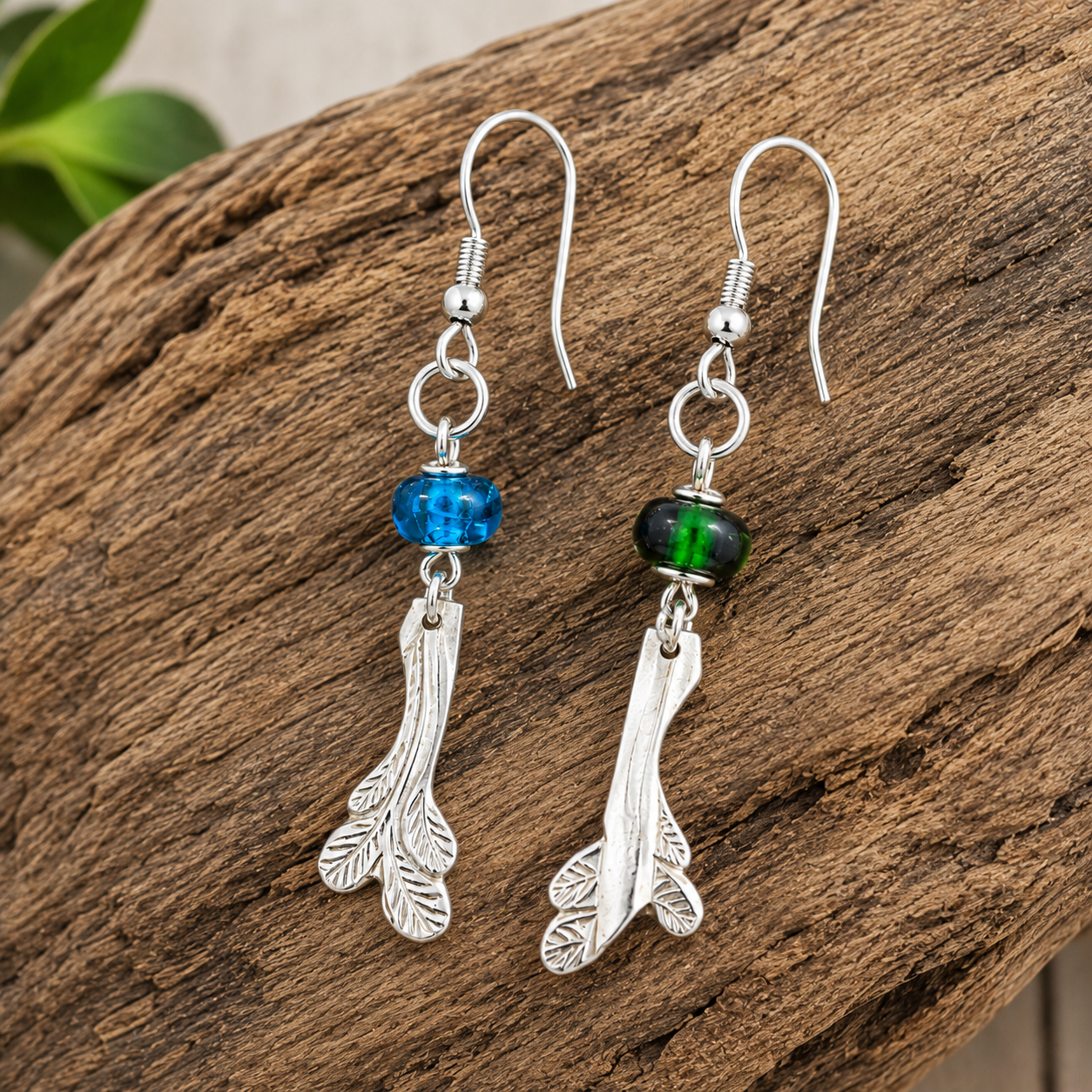 Silver Spoon End Earrings with Blue & Green Glass Beads | Handcrafted Reclaimed Jewellery