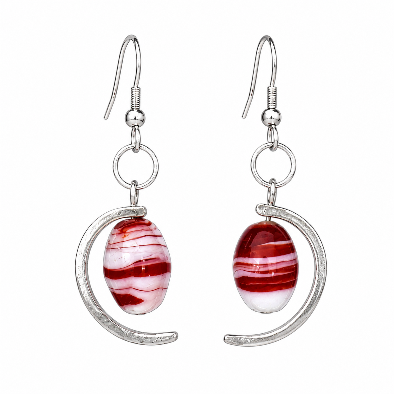 Crescent Moon Red Glass Bead Earrings | Handcrafted Reclaimed Jewellery