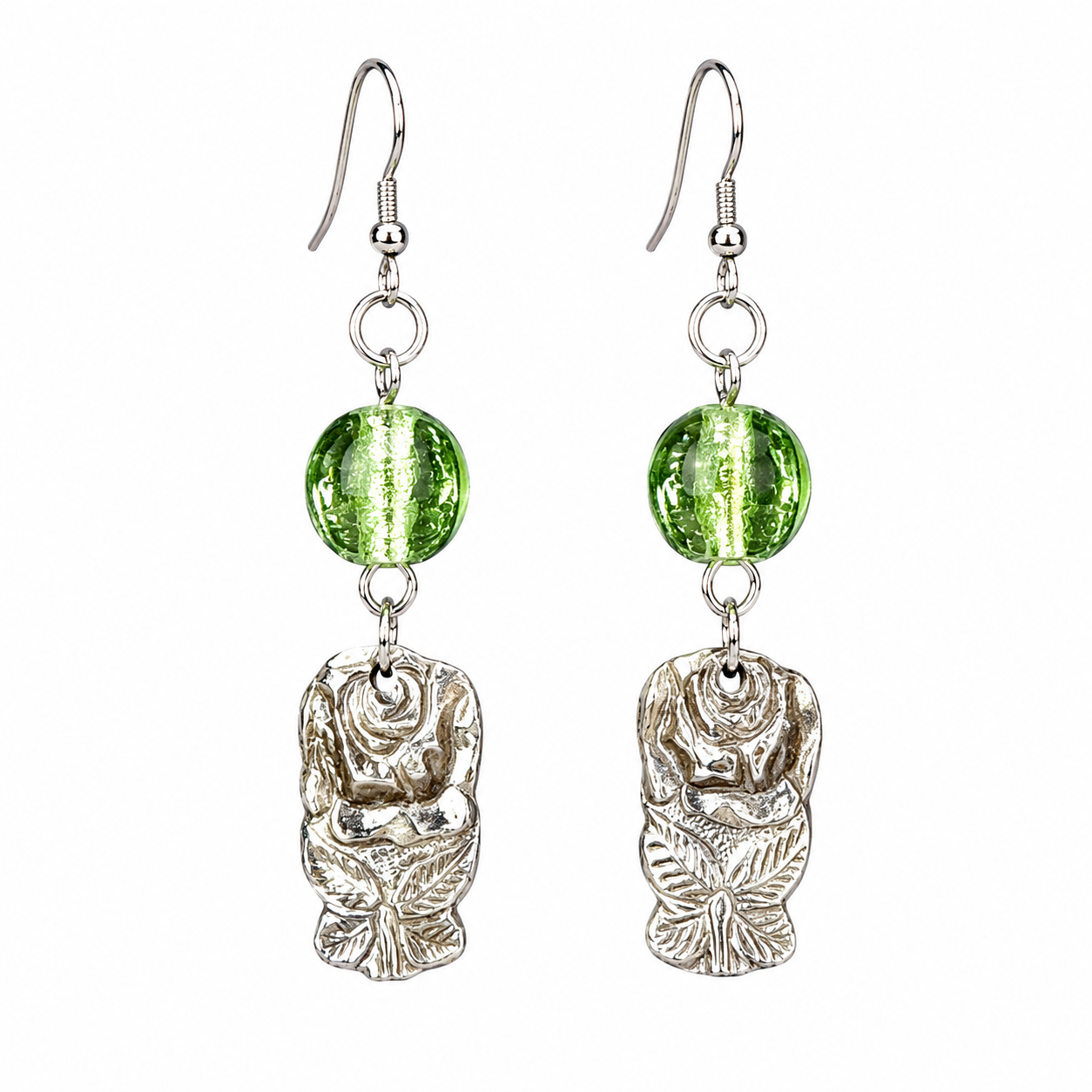 Green Glass Rose Earrings | Handcrafted Reclaimed Jewellery