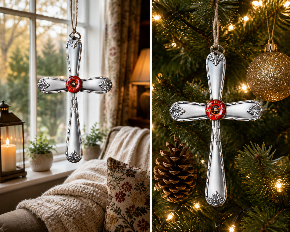 Silver Plate Cutlery Cross Ornament | Handcrafted Vintage Silver Plate Art